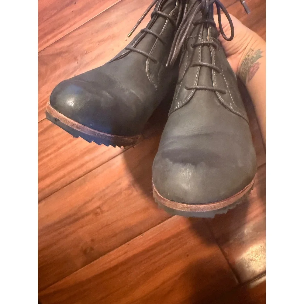 Biala Leather Wedge Ankle Boots Grey Lace Up Side Zip Booties Womens 39